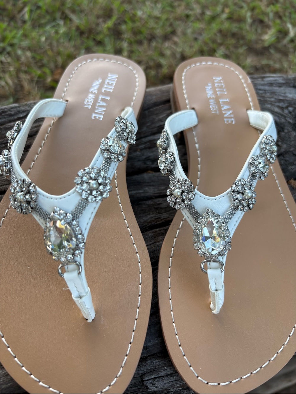 Nine West White Jeweled T-Strap Sandals with Crystal Embellishments